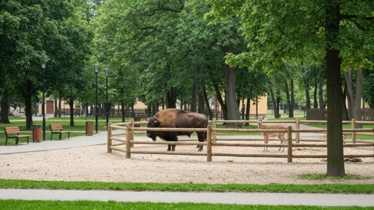 Żubr i jelenie na wybiegu w Akcent ZOO w Białymstoku przy zielonym parku