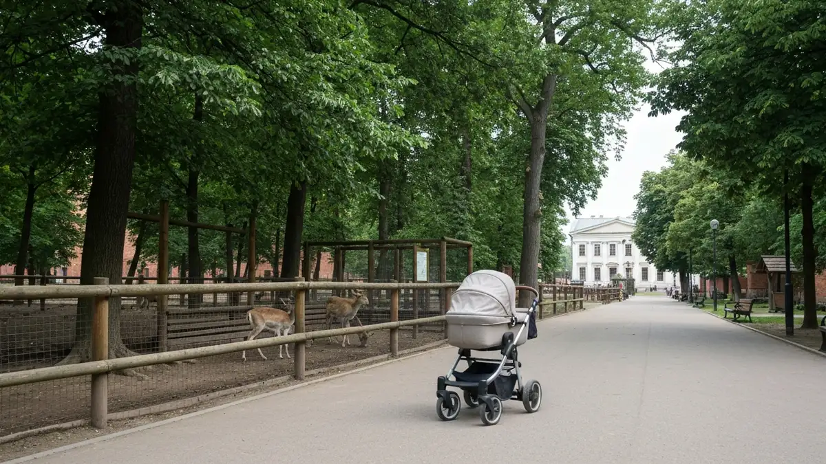 Wózek na alejce przy wybiegu w Akcent ZOO w Białymstoku