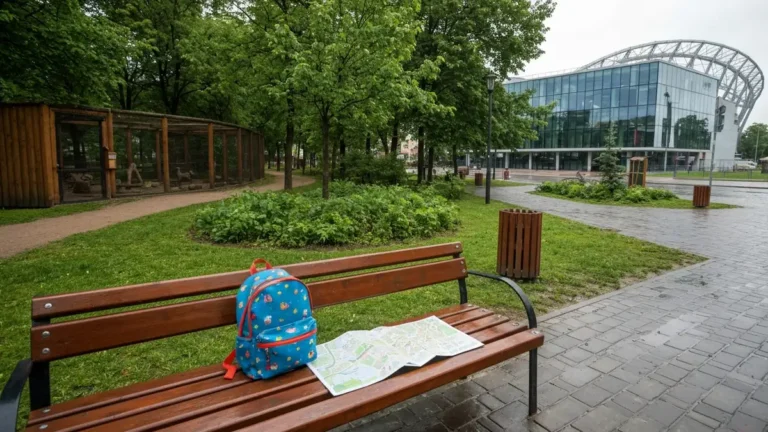 Plecak dziecka na ławce w Białymstoku między zielenią Akcent ZOO a nowoczesnym centrum nauki