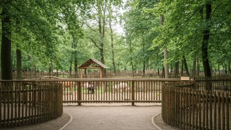 Ścieżka w Akcent ZOO w Białymstoku z ogrodzeniem i zwierzętami wśród zieleni