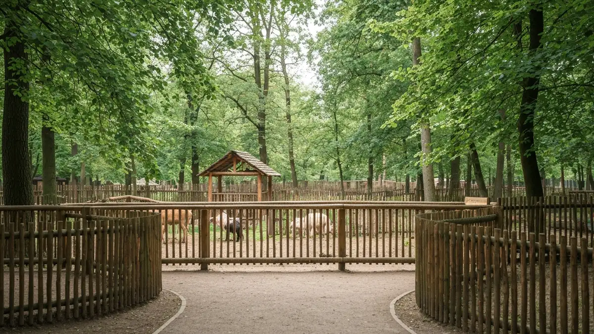 Ścieżka w Akcent ZOO w Białymstoku z ogrodzeniem i zwierzętami wśród zieleni
