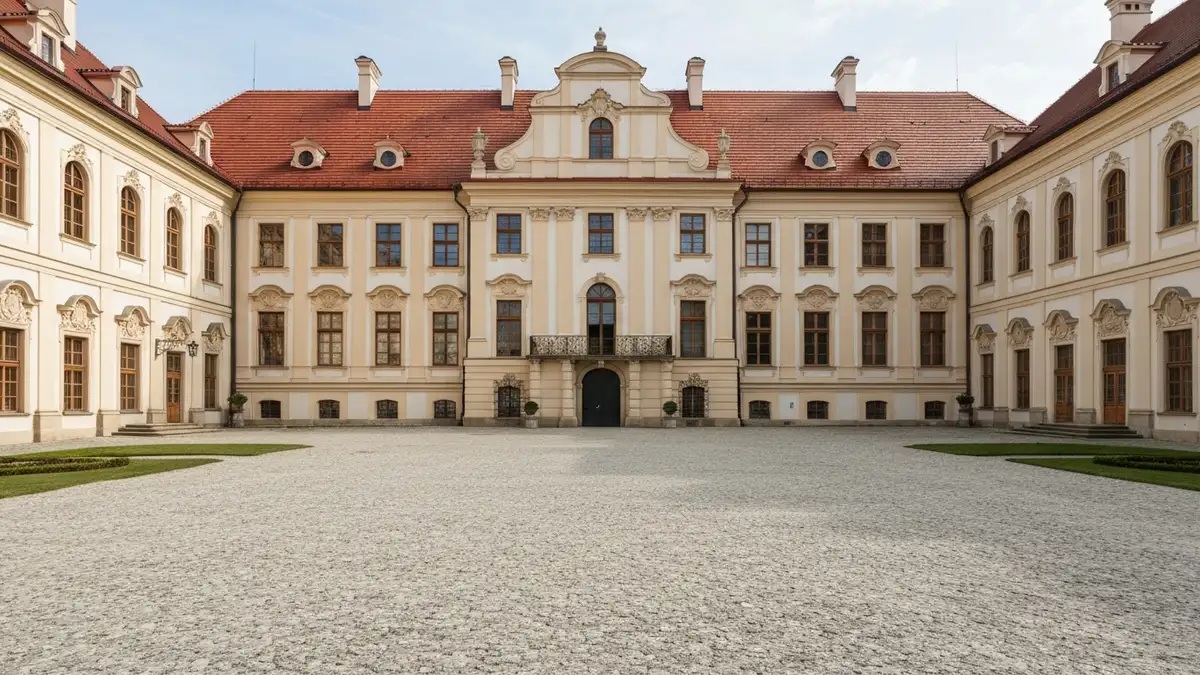 Barokowa fasada Pałacu Branickich w Białymstoku z dziedzińcem i ogrodami