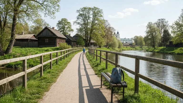 Bulwary nad rzeką Supraśl z drewnianą zabudową Podlasia i widokiem na spokojną trasę spacerową