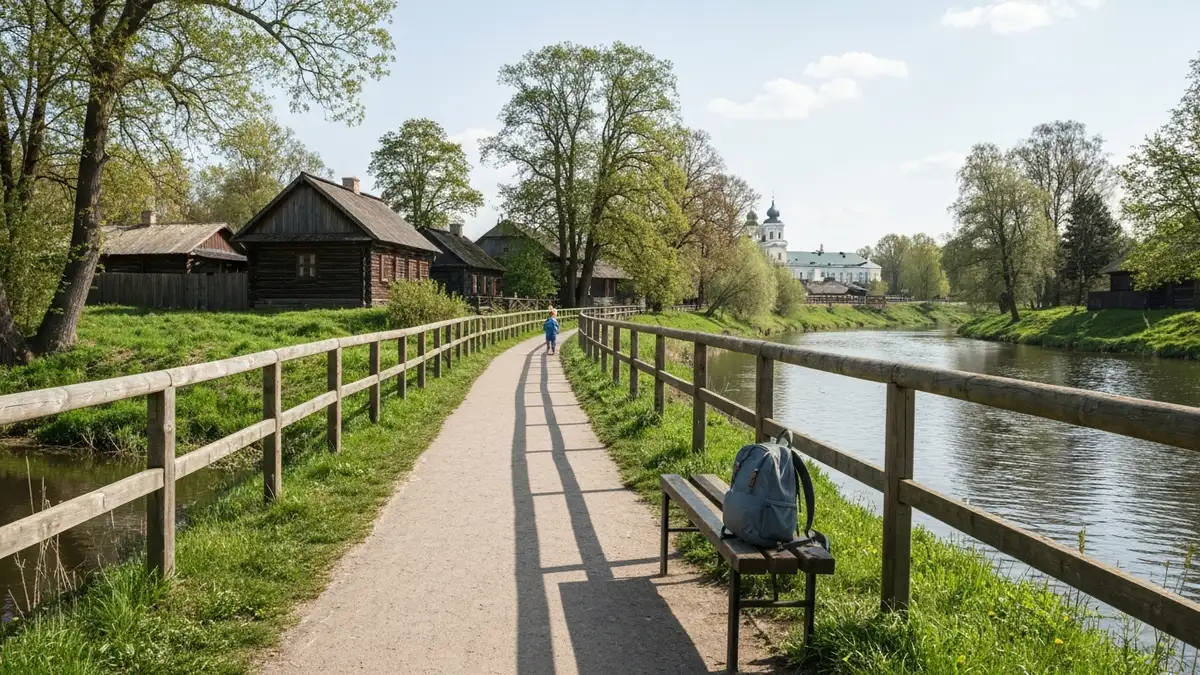 Bulwary nad rzeką Supraśl z drewnianą zabudową Podlasia i widokiem na spokojną trasę spacerową