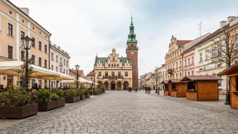 Rynek Kościuszki w Białymstoku z ratuszem, ogródkami i zimowymi iluminacjami