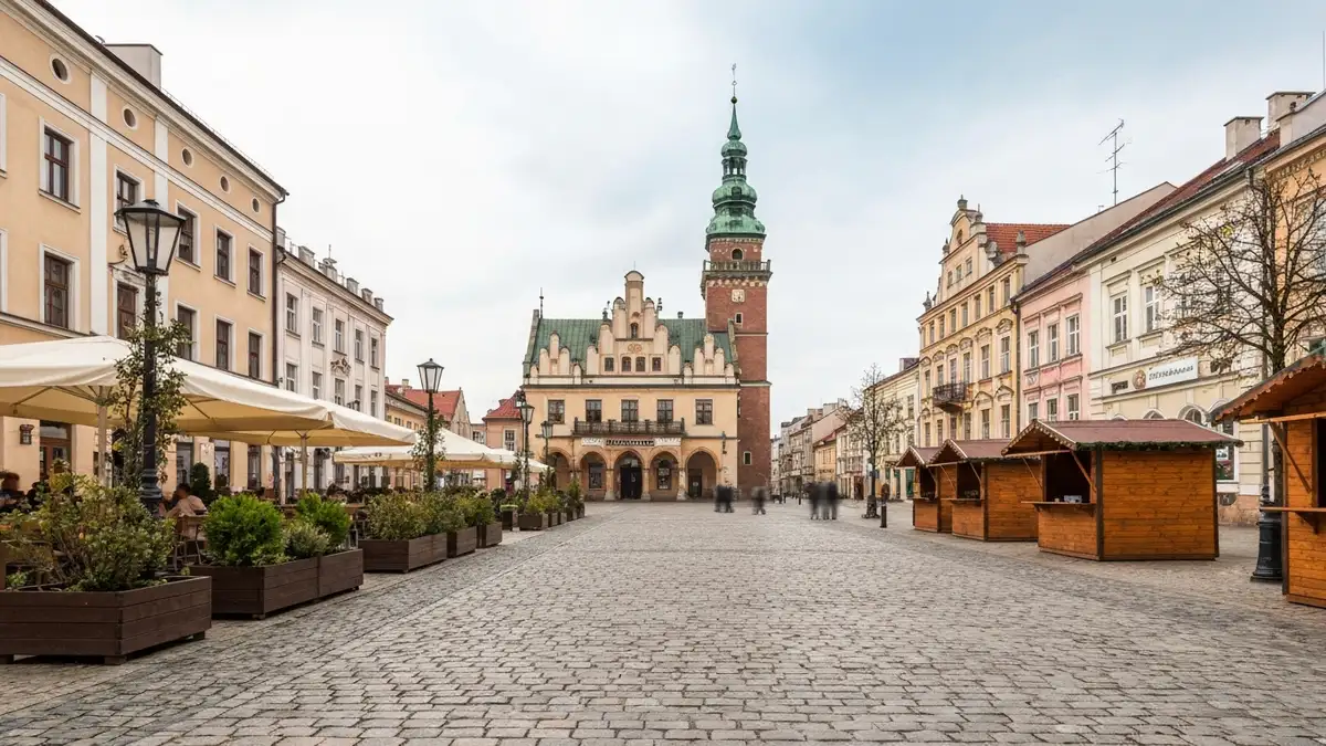 Rynek Kościuszki w Białymstoku z ratuszem, ogródkami i zimowymi iluminacjami