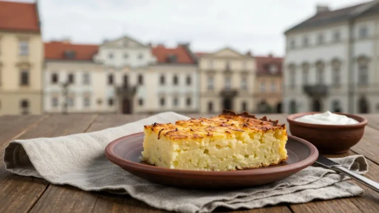 Babka ziemniaczana na talerzu z białostocką zabudową w tle