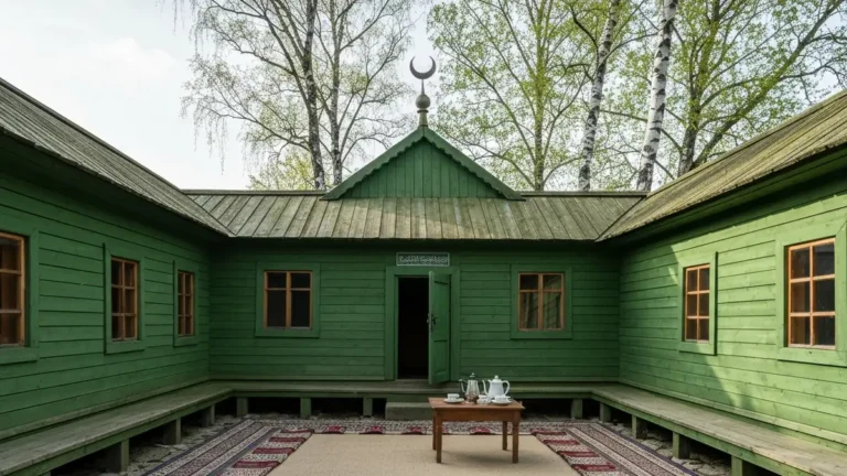 Drewniany meczet tatarski w Kruszynianach z mizarem i tradycyjnym stołem świątecznym