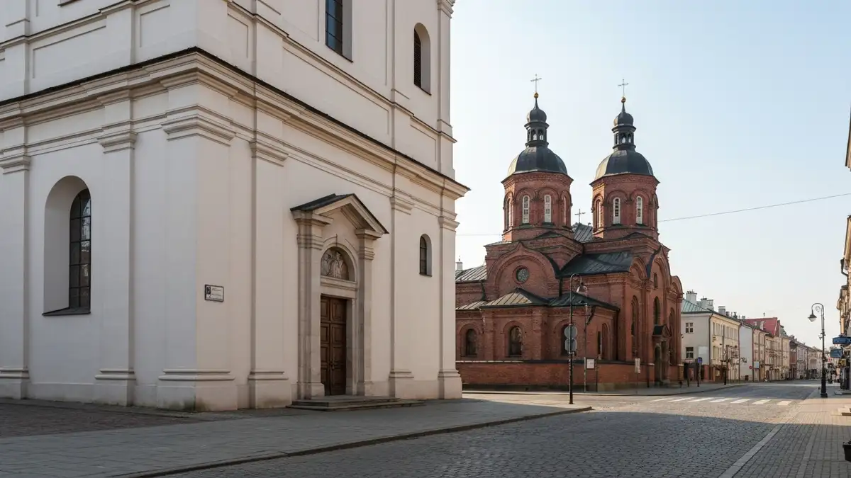 Biały Kościół i sobór św. Mikołaja w centrum Białegostoku w dziennym miejskim kadrze