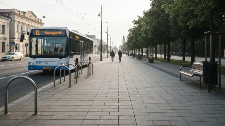 Autobus i chodnik w centrum Białegostoku przy trasie spacerowej bez samochodu