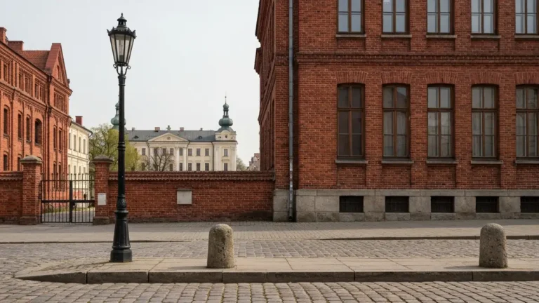 Historyczna ulica Bialegostoku z ceglana fabryka i barokowa architektura w tle