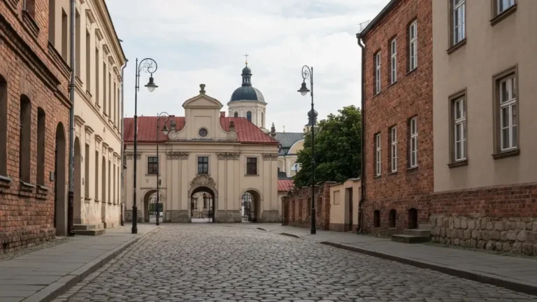 Historyczna ulica Bialegostoku z palacowa architektura i kopula cerkwi w tle