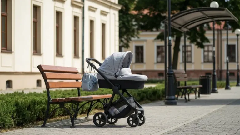 Wózek dziecięcy przy alejce w centrum Białegostoku, z zielenią Plant i pałacowym tłem