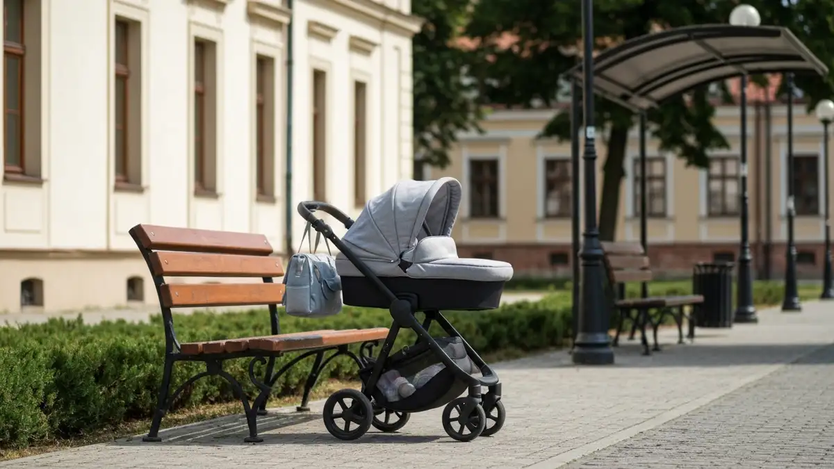 Wózek dziecięcy przy alejce w centrum Białegostoku, z zielenią Plant i pałacowym tłem