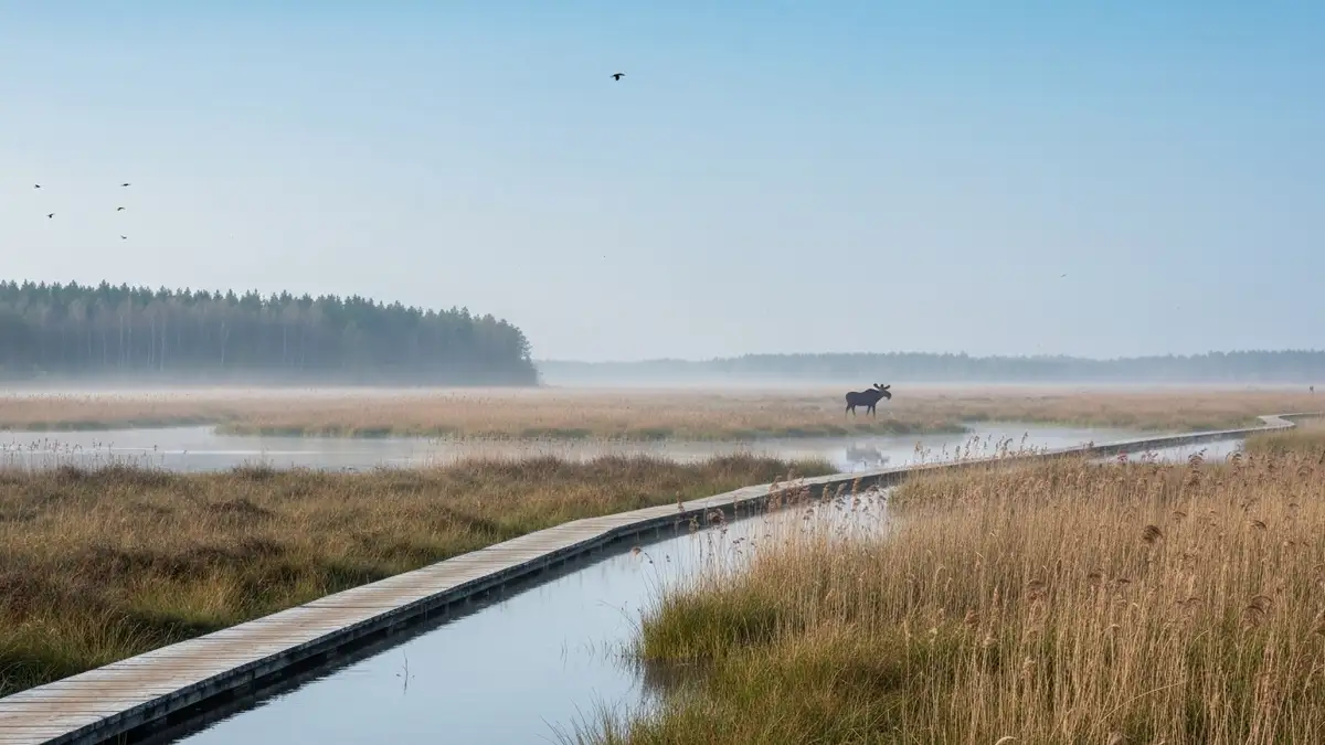 Drewniana kładka nad bagnami Biebrzy z łosiem w trzcinach i ptakami nad rozlewiskiem