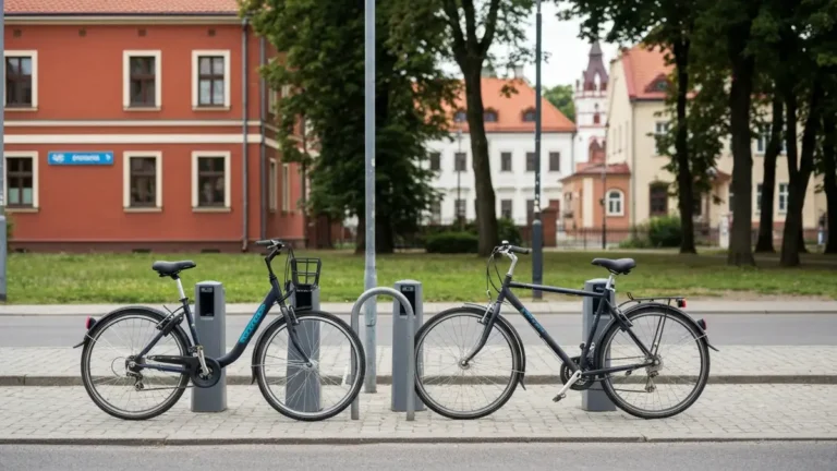 Rowery miejskie i prywatny rower przy stacji w centrum Białegostoku