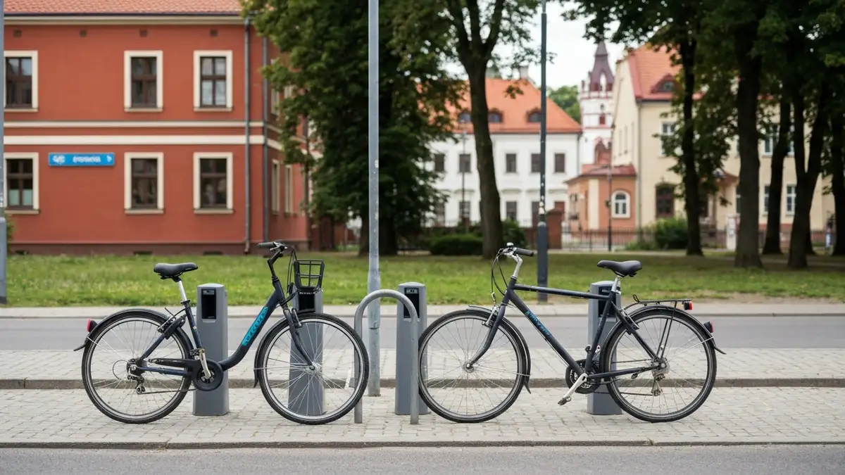 Rowery miejskie i prywatny rower przy stacji w centrum Białegostoku