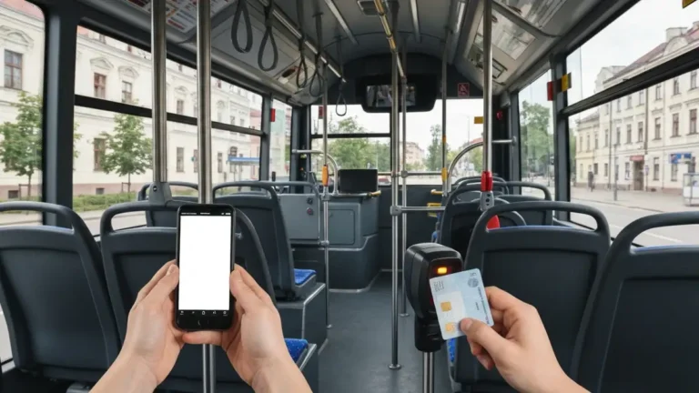 Telefon z niedziałającym biletem w autobusie miejskim w Białymstoku podczas kontroli