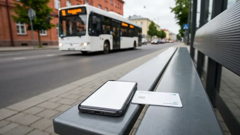 Telefon i karta miejska na przystanku w Bialymstoku przy rozmytym autobusie BKM