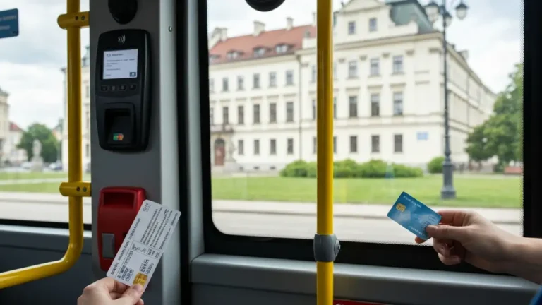 Kasownik i czytnik biletow w autobusie BKM na tle centrum Bialegostoku