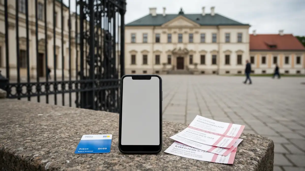 Telefon i bilety na tle Pałacu Branickich w Białymstoku