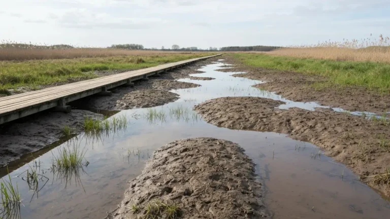 Błotnista kładka i mokre ścieżki nad Narwią po deszczu w podlaskiej dolinie