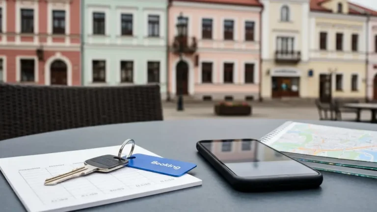 Klucz, karta hotelowa i telefon na stole w centrum Białegostoku