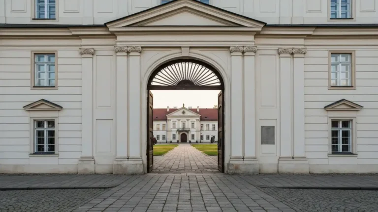 Brama i oficyny Pałacu Branickich w Białymstoku widziane od strony wejścia na dziedziniec