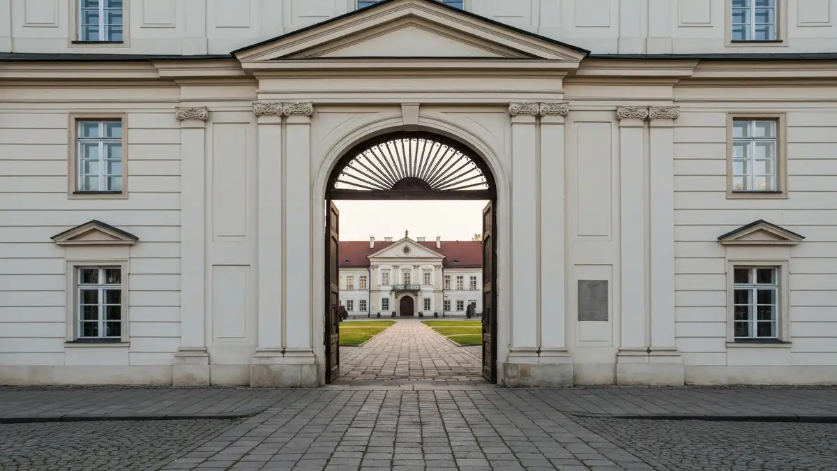 Brama i oficyny Pałacu Branickich w Białymstoku widziane od strony wejścia na dziedziniec
