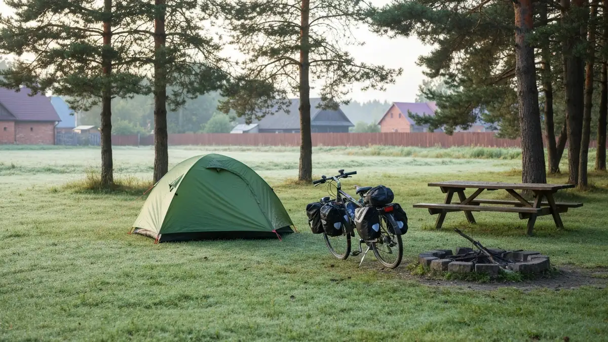 Namiot na trawiastym campingu przy lesie w okolicach Białegostoku