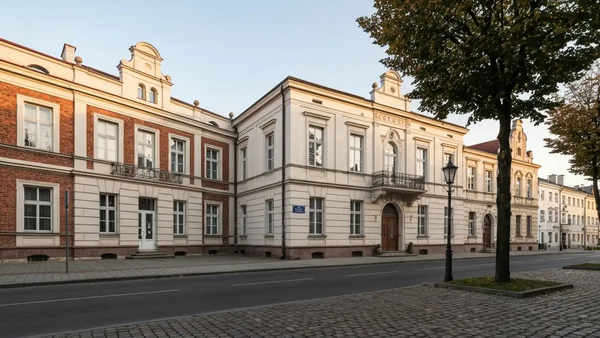 Warszawska w Białymstoku z zabytkowymi budynkami muzealnymi w dziennym świetle