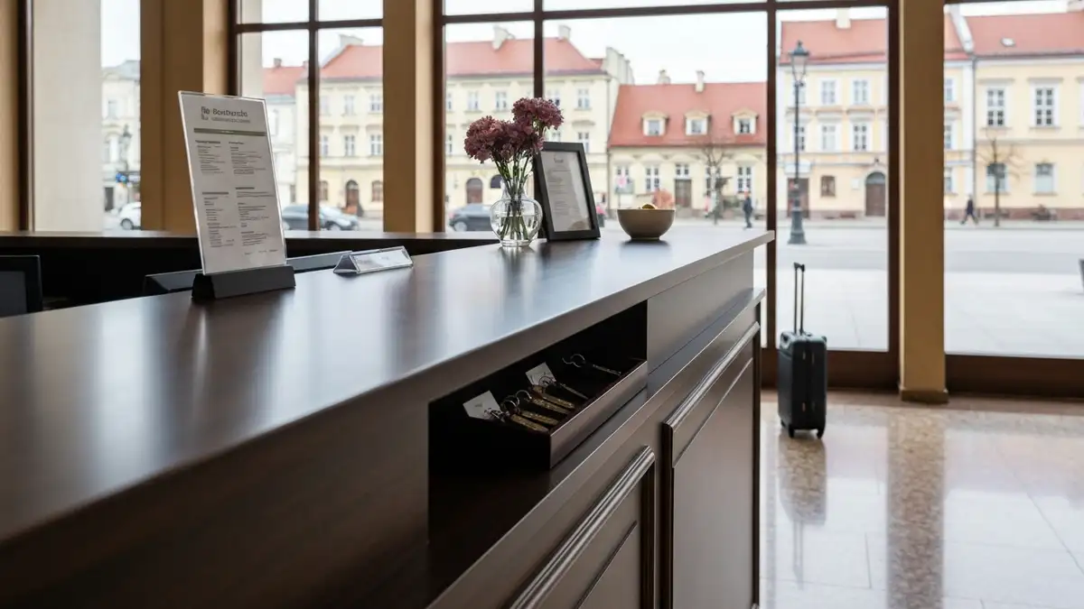 Recepcja hotelowa z walizka w centrum Bialegostoku, w tle kamienice Podlasia
