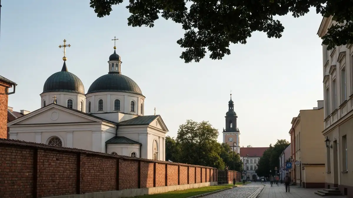 Cerkiew i katolicka wieza w centrum Bialegostoku przy spokojnej ulicy
