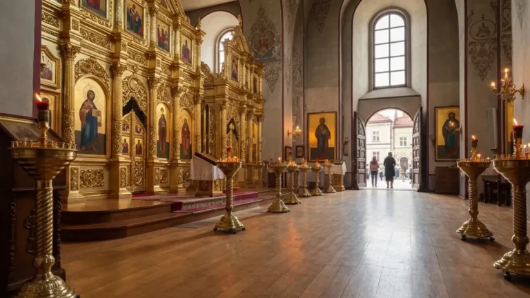 Wnętrze cerkwi św. Mikołaja w Białymstoku podczas spokojnego nabożeństwa