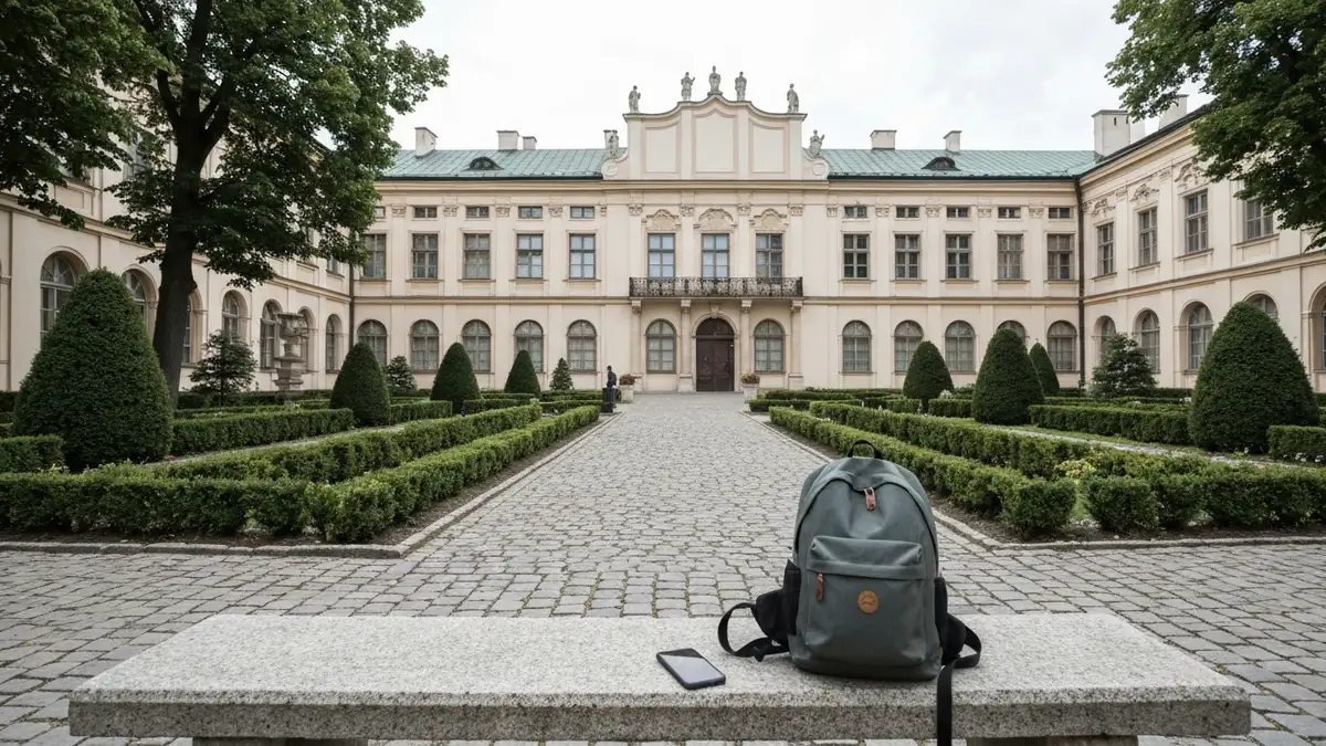 Pałac Branickich w Białymstoku z plecakiem i telefonem na ławce podczas rodzinnego spaceru