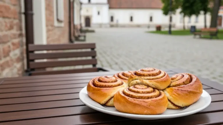 Cynamonki z Supraśla na talerzu przy kawiarnianym stoliku w podlaskim miasteczku