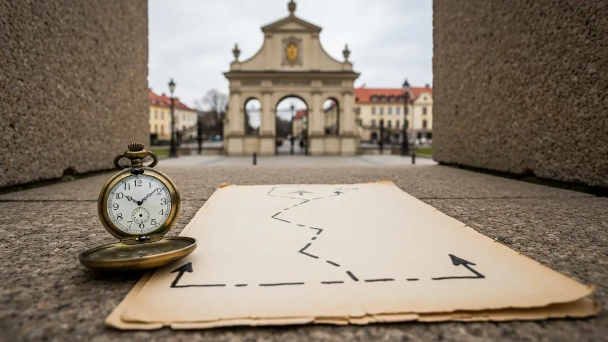Zegarek i archiwalne kartki na tle barokowej bramy Pałacu Branickich w Białymstoku