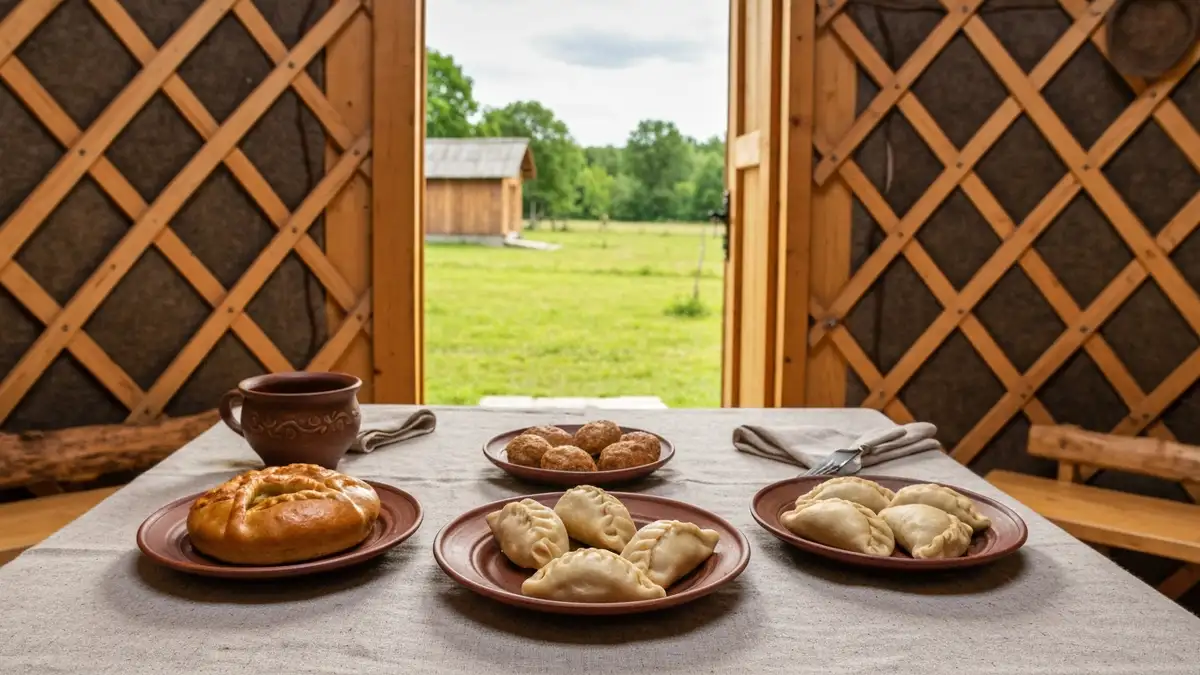 Tatarskie potrawy na stole w jurcie pod Kruszynianami na Podlasiu