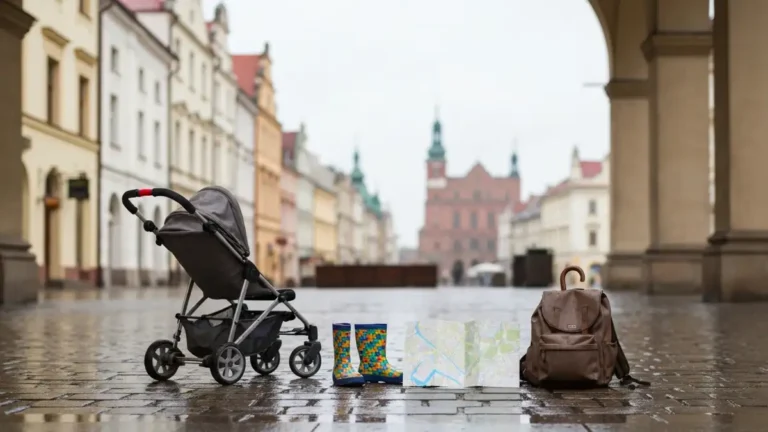 Deszczowy Rynek Kościuszki w Białymstoku z dziecięcymi kaloszami, parasolem i wózkiem