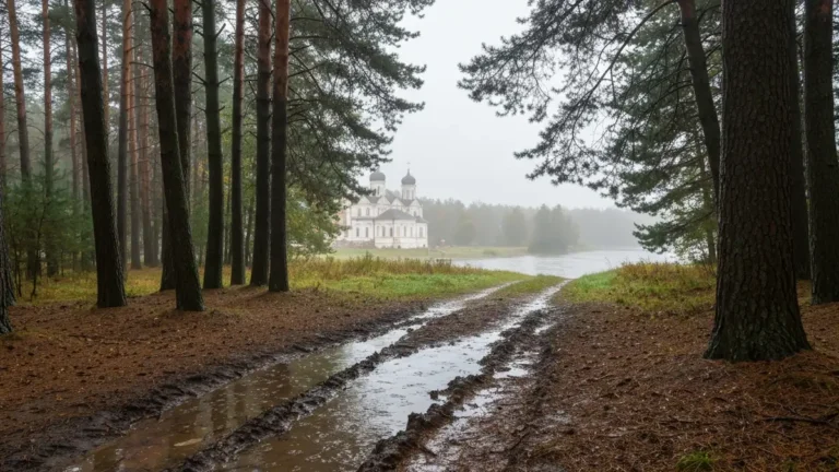 Mokra sciezka w Puszczy Knyszynskiej i widok na Suprasl po deszczu