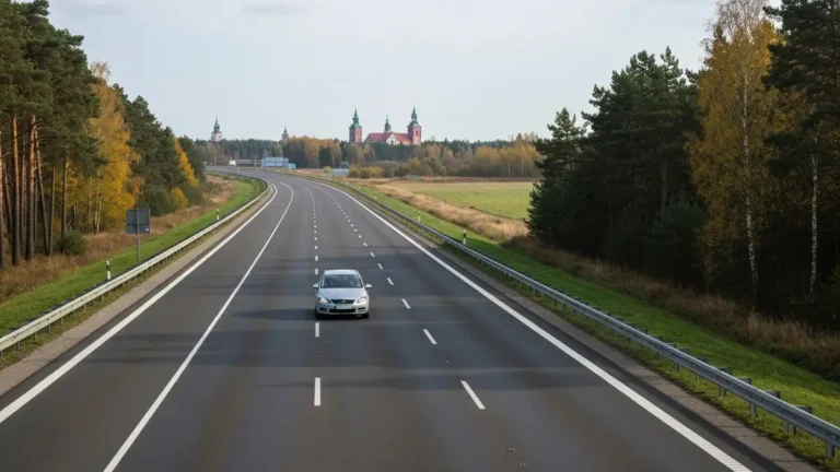 Samochod na trasie S8 Via Baltica w kierunku Bialegostoku w podlaskim krajobrazie