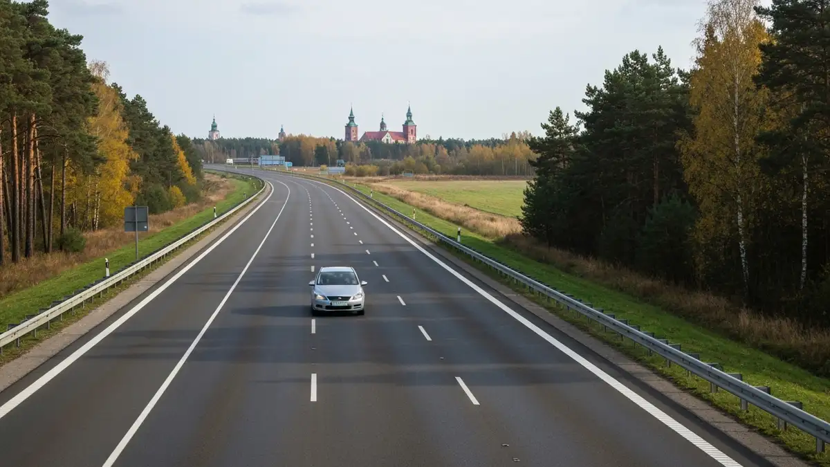 Samochod na trasie S8 Via Baltica w kierunku Bialegostoku w podlaskim krajobrazie