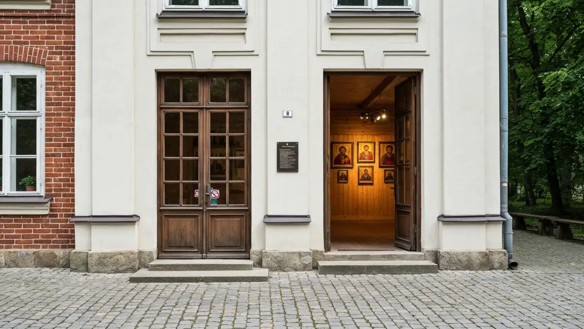 Dom Ludowy w Supraślu z widocznym wnętrzem Muzeum Ikon i podlaską zabudową