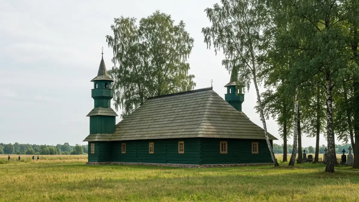 Zielony drewniany meczet tatarski w Kruszynianach na tle podlaskiej wsi