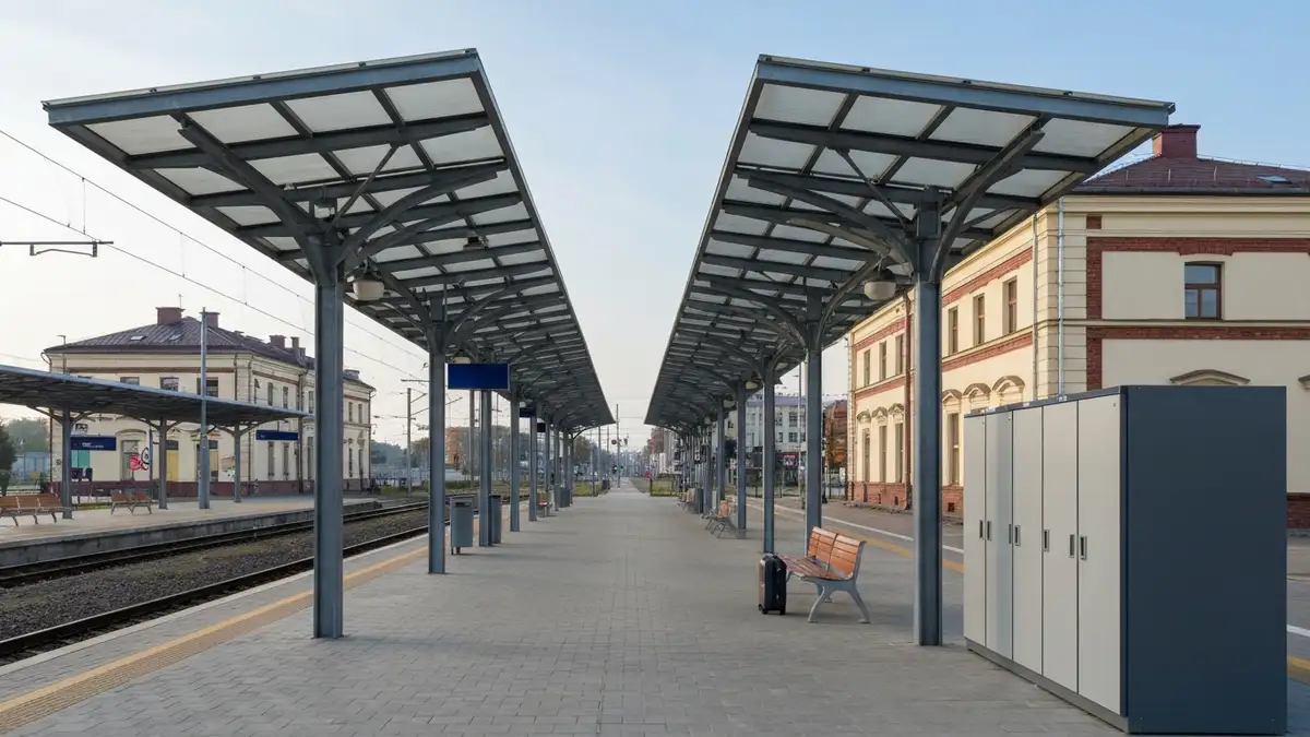 Peron i hala dworca PKP Bialystok Glowny z walizka i wejsciem w strone centrum