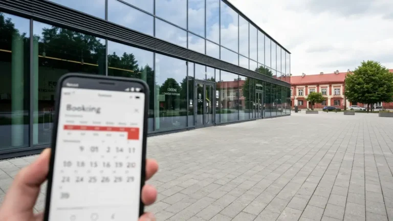 Wejście do centrum nauki w Białymstoku i telefon z rozmytym kalendarzem rezerwacji