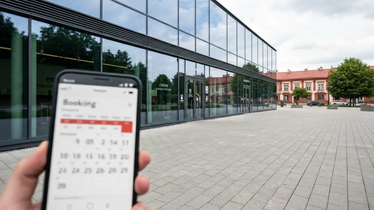 Wejście do centrum nauki w Białymstoku i telefon z rozmytym kalendarzem rezerwacji