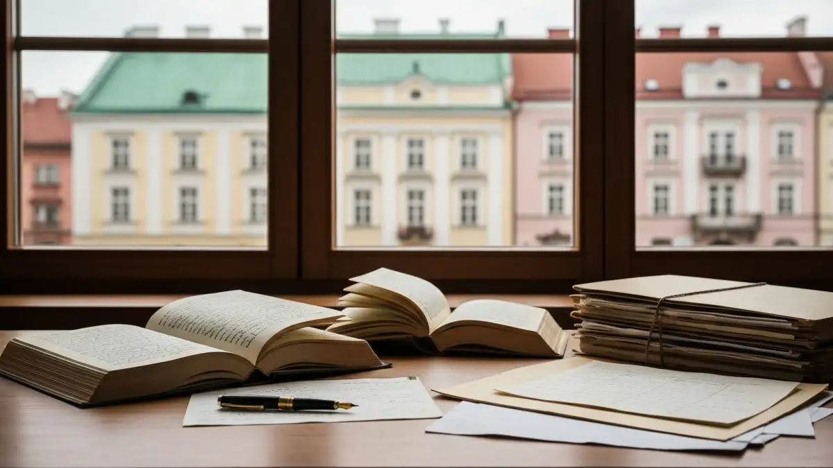 Archiwalne ksiazki i notatki o esperanto na tle historycznej architektury Bialegostoku