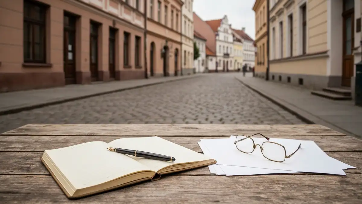 Pusty notes, pióro i okulary na tle historycznej ulicy Białegostoku
