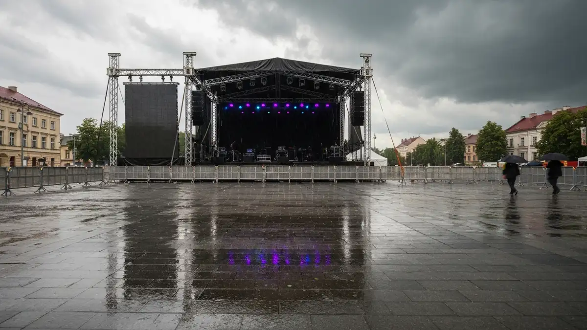 Scena festiwalowa w deszczu na mokrym placu w Bialymstoku